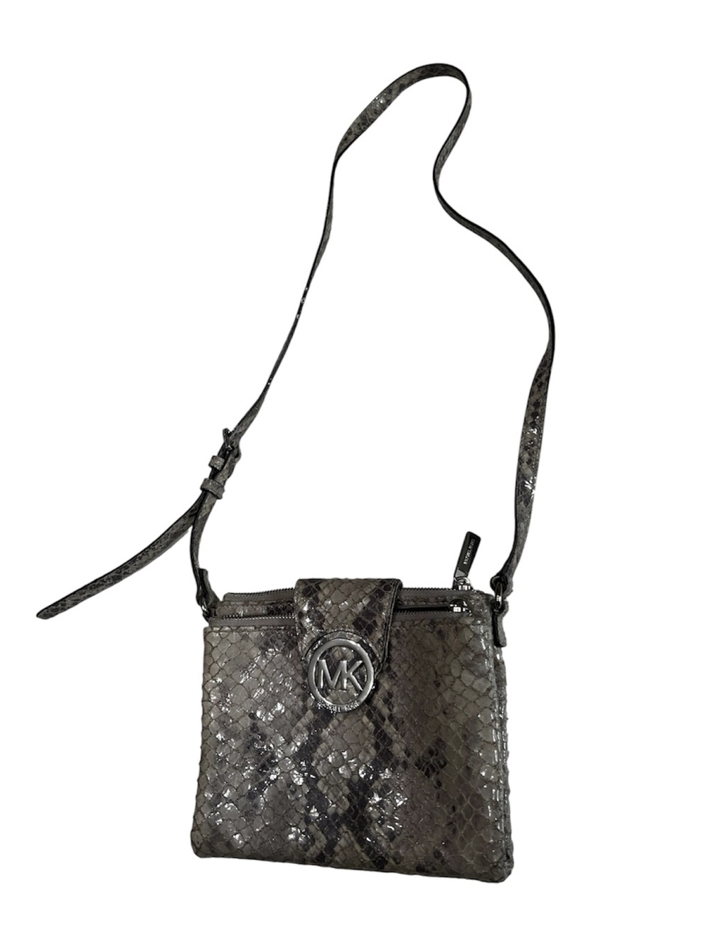Michael Kors Metallic Gray Snake-Embossed Crossbody Bag